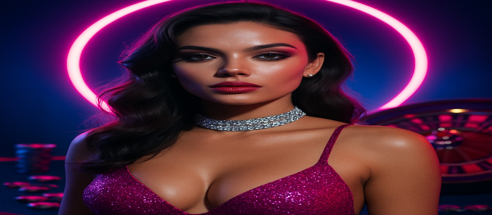 66zz ব্র্যান্ড-চিত্রসহ ঝলমলে বেগুনি পোশাকে এক নারী; পেছনে আলোকিত প্রতীকচিহ্ন ও প্ল্যাটফর্ম-চিপ উজ্জ্বল আলোতে জ্বলছে